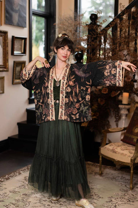 Pixie Duster Crop Kimono - Momento with Floral, Starling & Skull