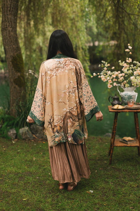 Duster Kimono - Fable Matinée with Deer and Moon, mid-length