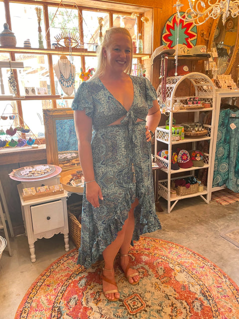 Dress - Tie Front Cut Out High and Low Silk (Blue)