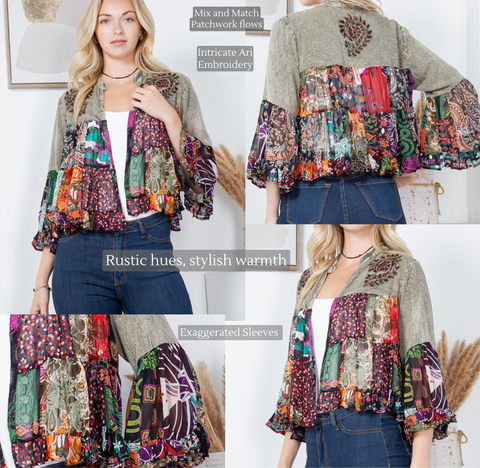 Tiered Patchwork Cropped Shrug - Vintage Bohemian Gravel