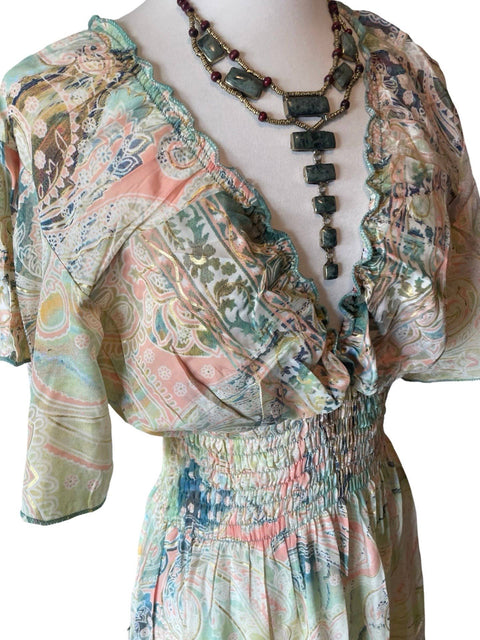 Maxi Dres (Bohemian Tiered Maxi Silk) - Ivory & Olive