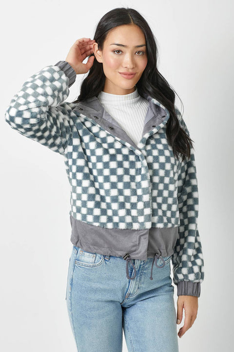 Checkered Faux Fur Jacket - Denim Blue