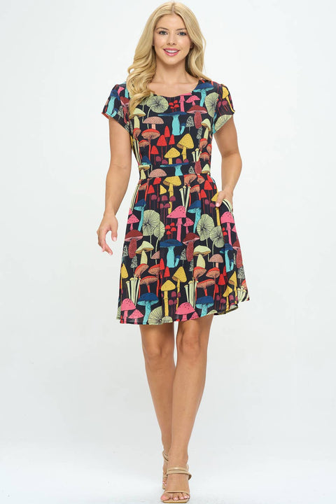 Dress - Mushroom Print with Cap Sleeve