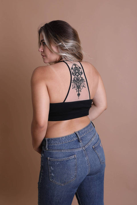 Tattoo Mesh Racerback Bralette (Plus Size) - Black