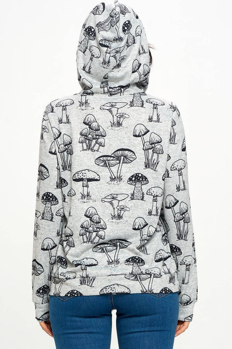 Hoodie - Black and White Mushroom Print (Plus Size)