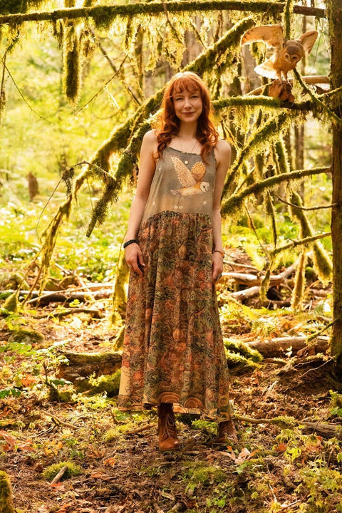 Bohéme Maxi Slip Dress - Woodland Wisdom w/ Florals, Fox & Owl
