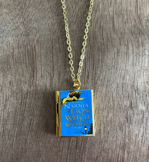 Necklace - Book Locket Chronicles of Narnia Blue with Aslan: Brass