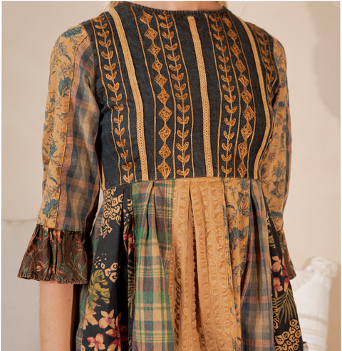 Mini Dress - Rustic Bohemian Fit and Flare Patchwork Camel