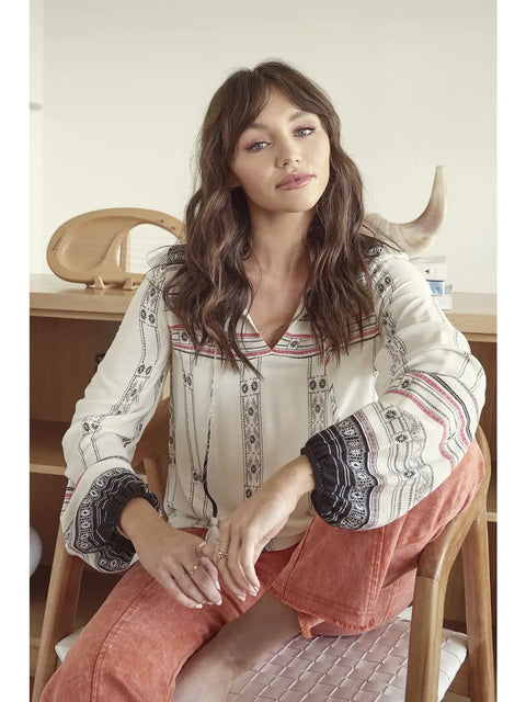 Top - Border Print Cream Mix