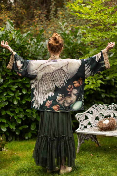 Pixie Crop Kimono - Under My Wing Swan & feathers