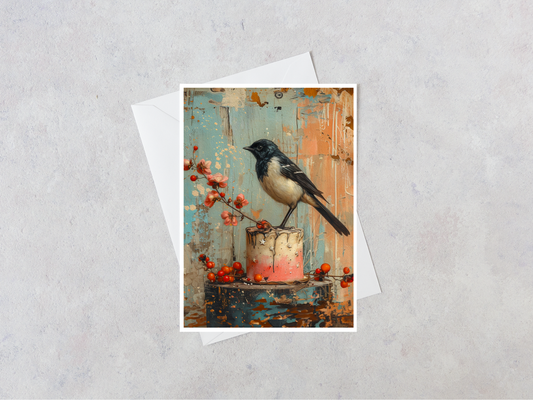 Greeting Card - Magpie Sitting on Pink Cake