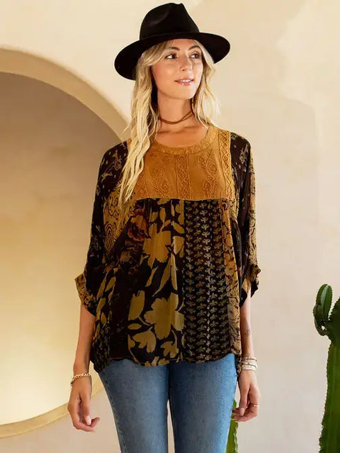 Top - Bohemian: Tiered Patchwork Blouson Boho Babe Camel