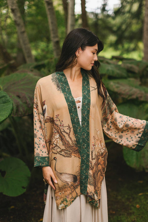 Duster Kimono - Fable Matinée with Deer and Moon, mid-length