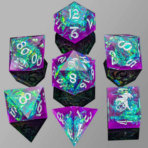 Captured Magic Hand Sanded Sharp Edge Resin Dice Set - Purple/Green