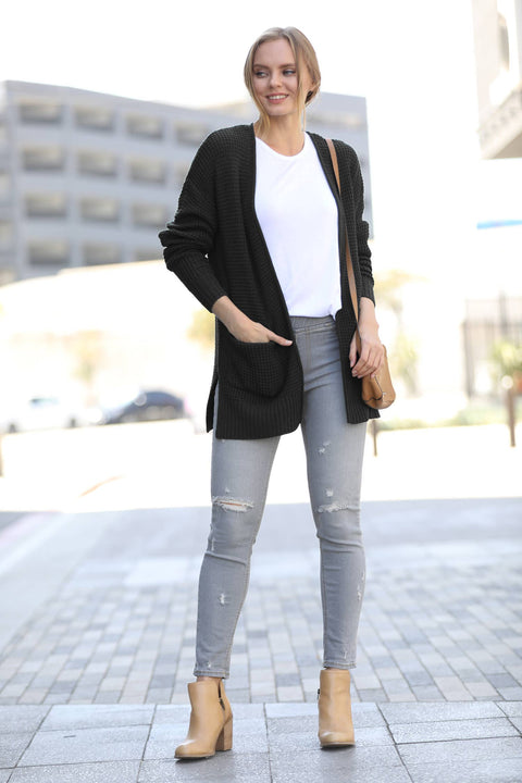 Waffle Side-Slit Cardigan Sweater - Black
