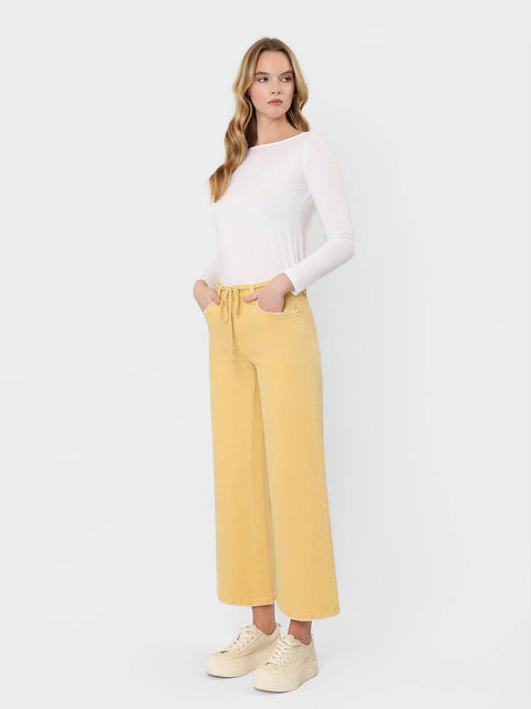 Jeans - High Rise Drawstring Crop Wide Leg: Marigold