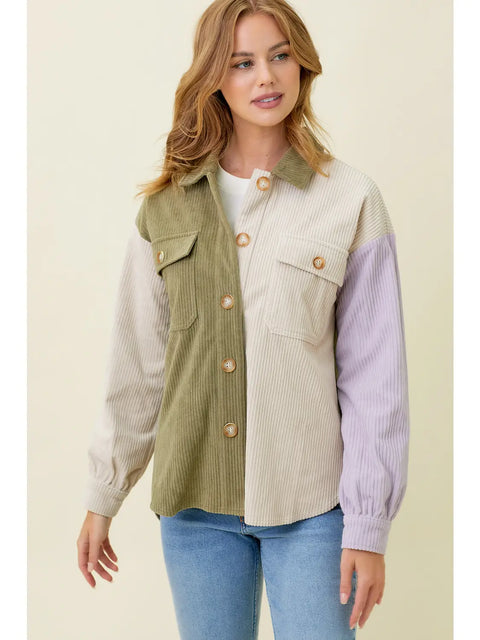 Shacket - Colorblock Corduroy Olive Mix