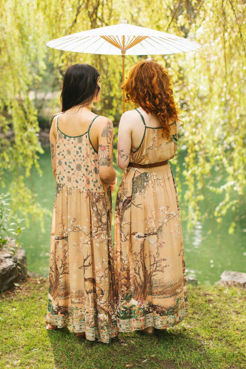 Long Maxi Slip Dress - Fable Bohéme w/ Blossoms, Deer & Moon