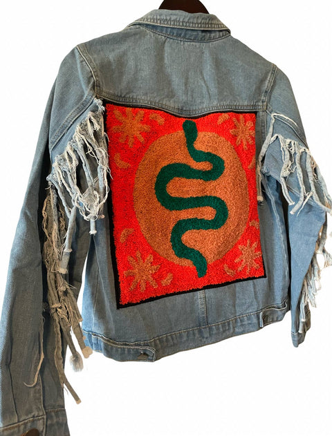 Denim Fringe Jacket - Embellished Embroidered Snake