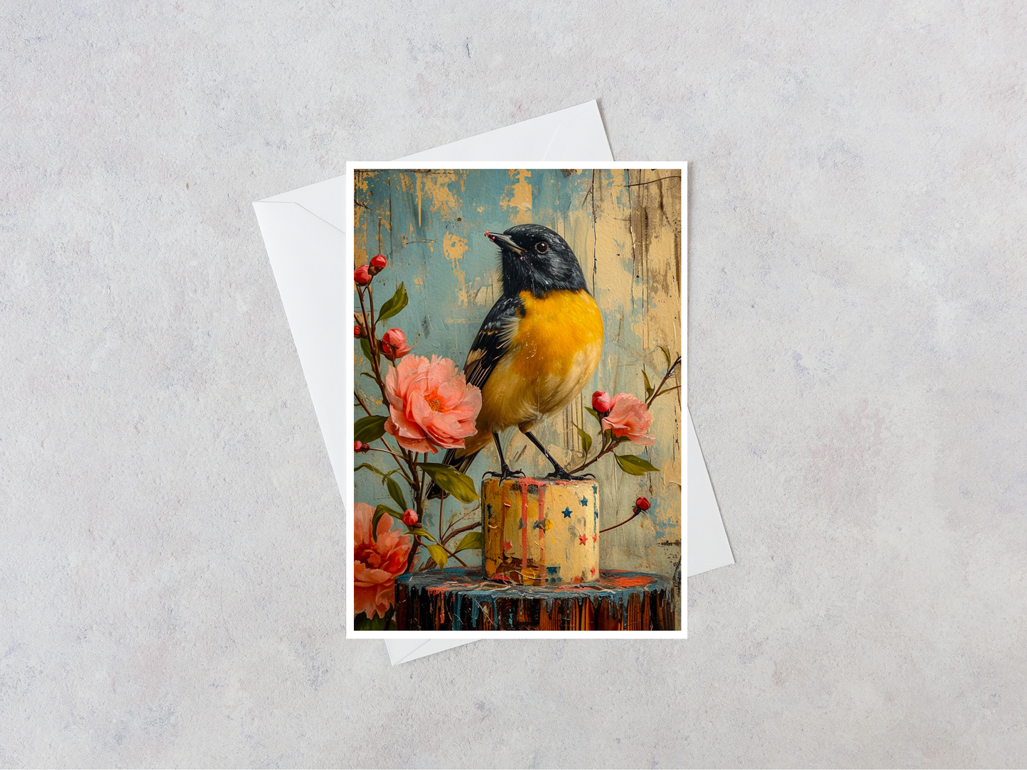 Greeting Card - Black and Yellow Bird on Cake