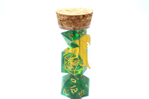 Captured Magic Hand Sanded Sharp Edge Resin Dice Set - Green + Gold