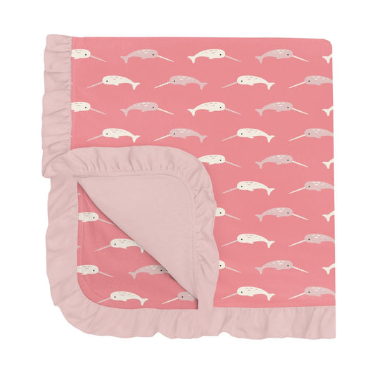 Stroller Blanket with Ruffles - Strawberry Narwhal