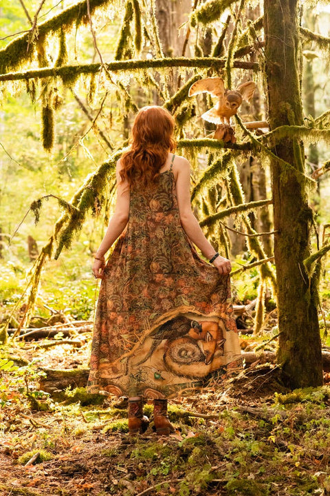 Bohéme Maxi Slip Dress - Woodland Wisdom w/ Florals, Fox & Owl