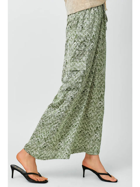 Pants - Satin Printed Cargo Olive Mix