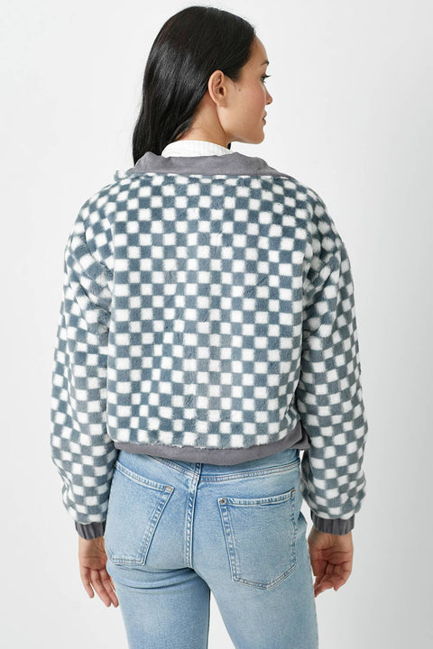 Checkered Faux Fur Jacket - Denim Blue