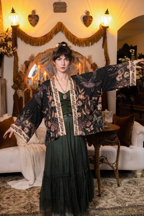 Pixie Duster Crop Kimono - Momento with Floral, Starling & Skull