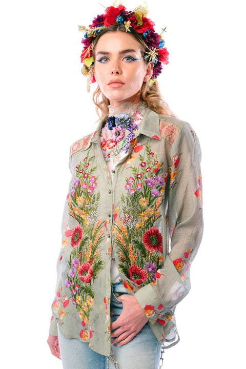 Mia Grace Shirt - Spring Shirt Dress: Light Olive Floral