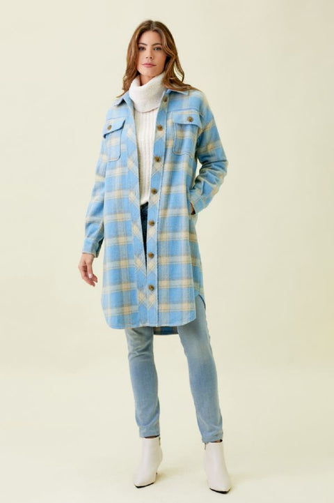 Jacket - Fringe Placket Plaid Soft Blue