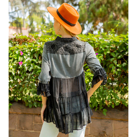 Women’s Mexican Embroidery Blouse - Gathered Waist Shirt: Gravel (Plus Size)