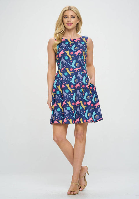 Skater Dress - Colorful Playful Cat Print