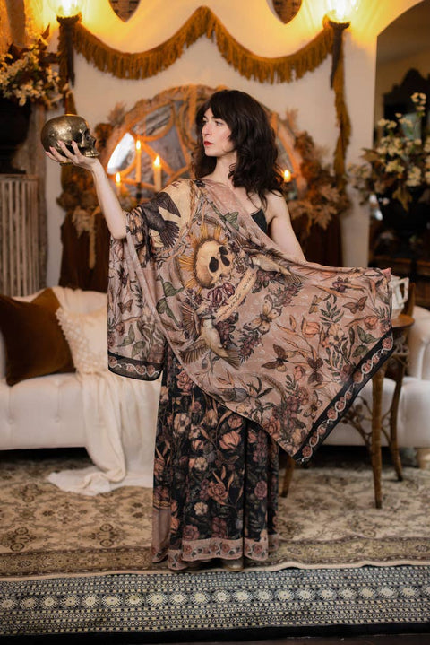 Bohemian Scarf - Momento with Floral Print, Starling & Skull