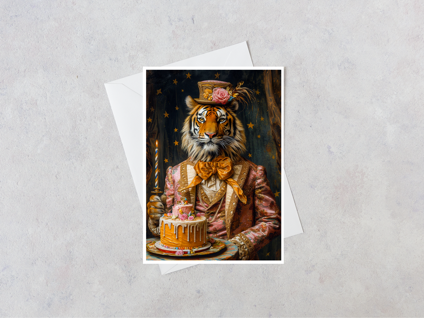 Greeting Card - Tiger with Pink Tiered Cake