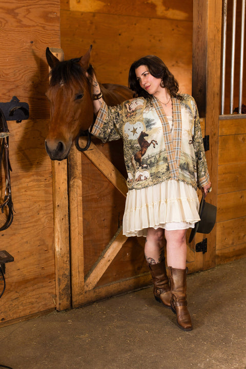 Pixie Duster Crop Kimono - Born to Run  w/ Horse & Flower Print