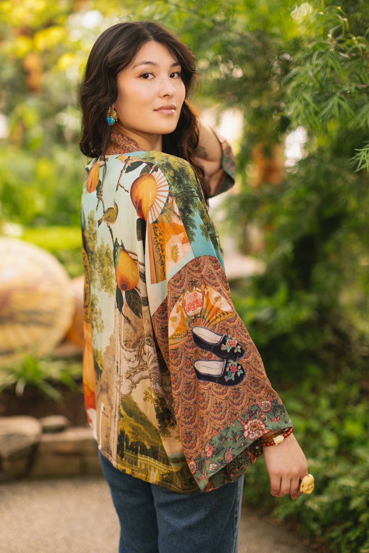 Cropped Bamboo Kimono Cardigan - Secret Garden with Swan