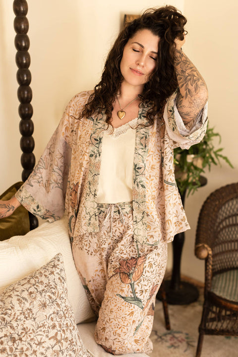 Bamboo Floral Cropped Kimono - Folklore Bird of Peace