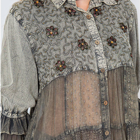 Women’s Mexican Embroidery Blouse - Gathered Waist Shirt: Gravel (Plus Size)