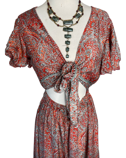 Dress - Tie Front Cut Out High Low Silk (Red)