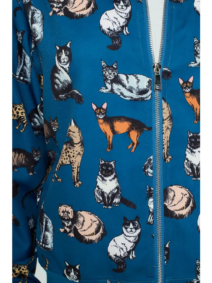 Bomber Jacket - Multi Cat Print On Blue