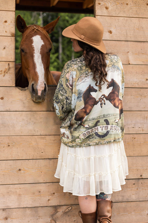 Pixie Duster Crop Kimono - Born to Run  w/ Horse & Flower Print