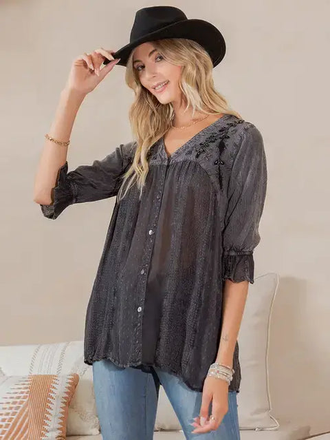 Embellished Top - Free-Spirited Western Boho Babe Charcoal