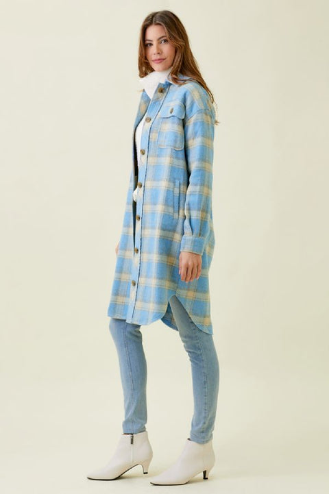 Jacket - Fringe Placket Plaid Soft Blue