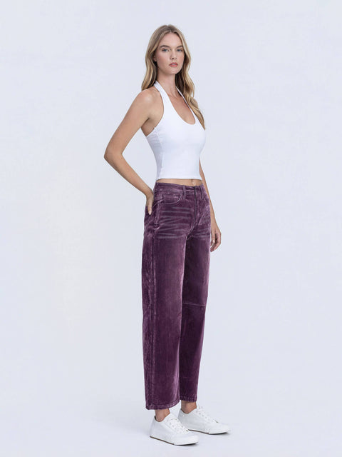 Jeans - High Rise Velvet Flocked Barrel Leg: Purple