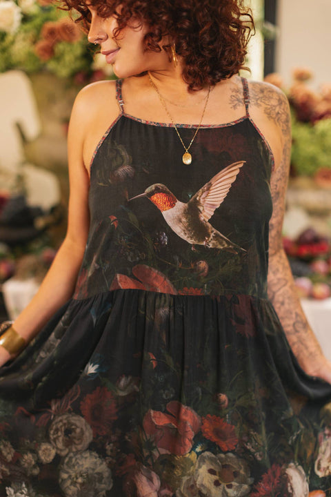 Bohéme Long Maxi Slip Dress - Flight of Fancy with Hummingbirds