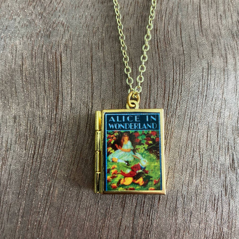 Necklace - Book Locket Alice in Wonderland Rabbit Running Late: Brass