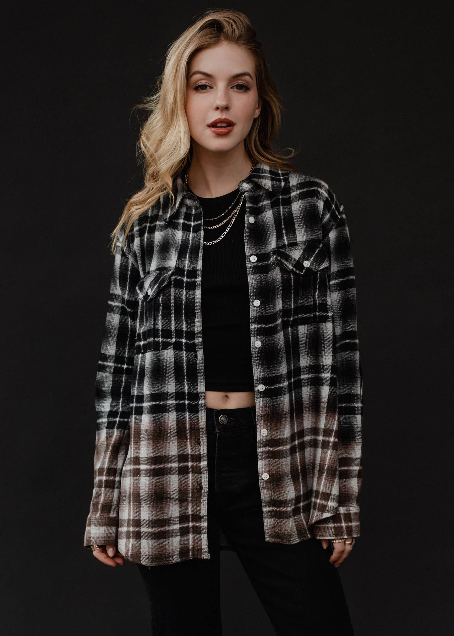 Flannel Shirt - Black, White & Brown Plaid