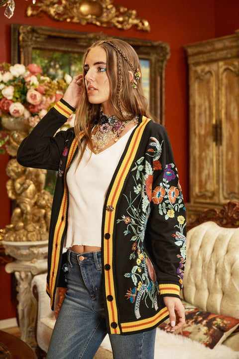 French Terry Cardigan - Hermione Night Floral Embroidery